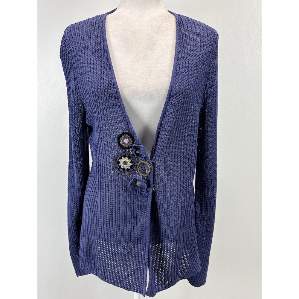 Women's Beyond Threads Peru Cardigan Sweater Sz Large Blue Loose Knit Vneck Pima